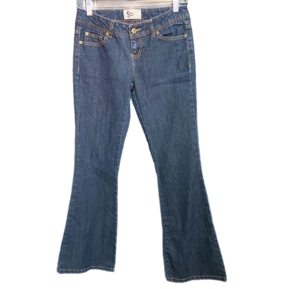 SO Y2K Grunge Low-Rise Blue Jeans Flared Boot Cut Dark Wash Stretch Sz 3 Short